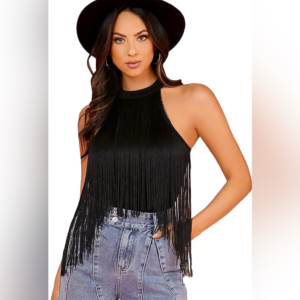Black halter neck fringe bodysuit